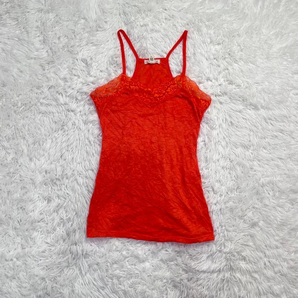 y2k red/orange lace trim crinkle tank top medium
